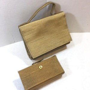 Lancome Cosmetic Bag Small Gold Metallic Plus Mirror Lipstick Brush Holder 7x5